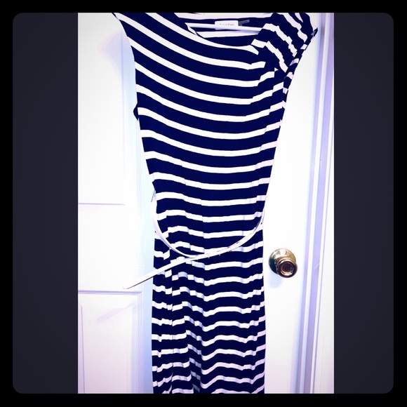 Calvin Klein Navy and White Striped Dress w Belt - Picture 2 of 8